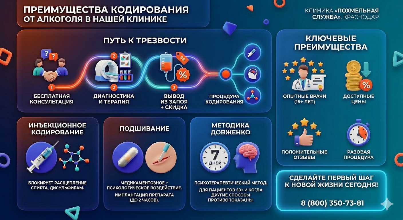 Инфографика о методах кодирования от алкоголя в Кирове: инъекции, подшивание, метод Довженко. Преимущества клиники и этапы лечения.